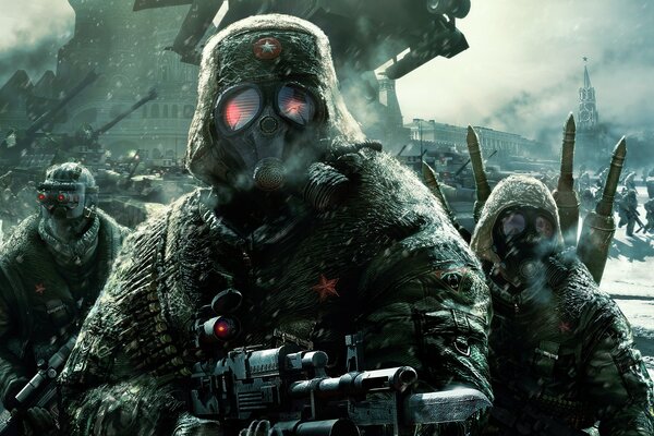 Soldiers in gas masks with weapons from the game tom clancy endwar