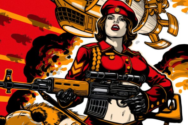 A girl in red with a gun in her hands from the game red alert 3
