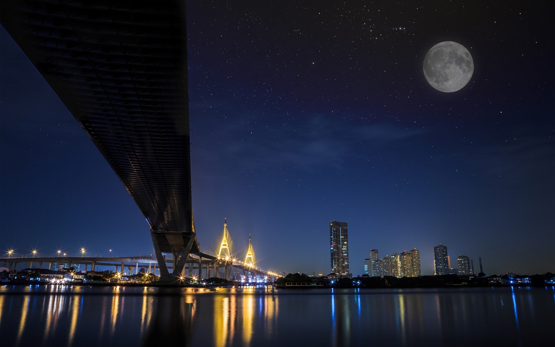 lights night river bridge town moon