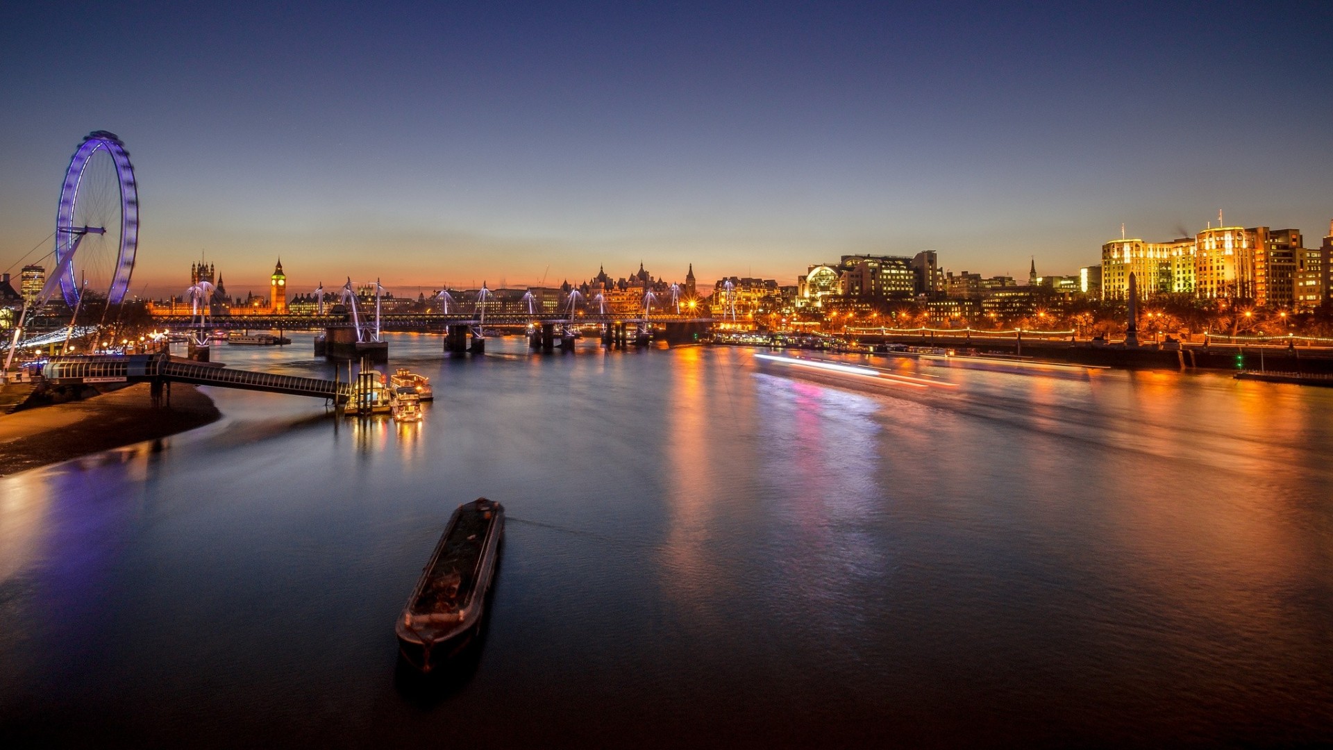 luces noche río ciudad noria londres