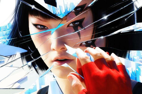 The reflection of a girl from mirrors edge in a broken mirror