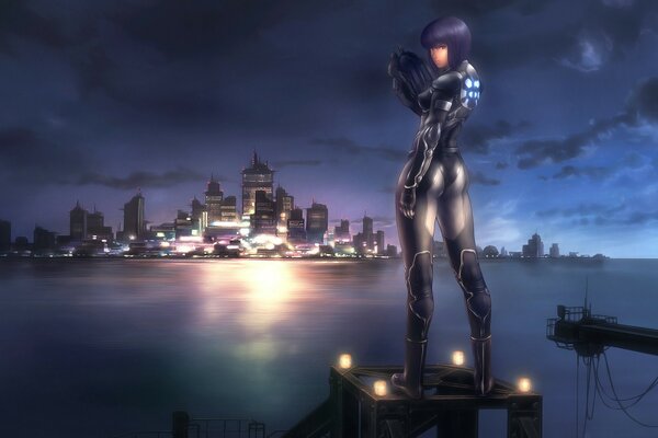 A girl in armor looks at the night city