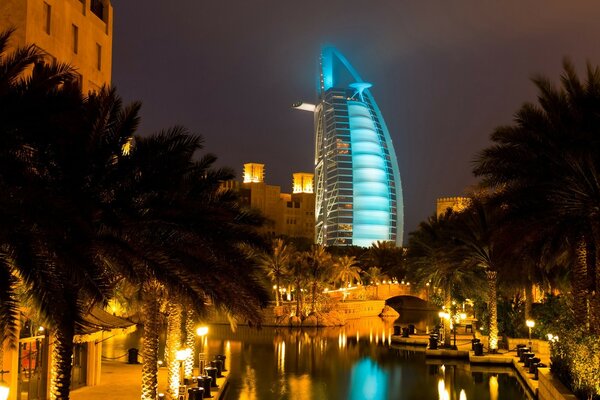 Nel fiume il riflesso di palme e case. Dubai