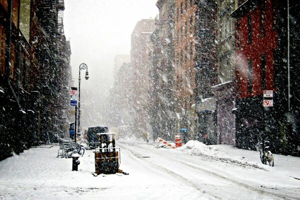 Landscape of snow-covered quiet streets of New York