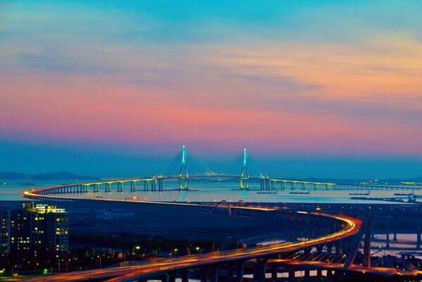 Pont route chemin peinture lumières soirée nuit coucher de soleil ciel