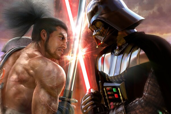 Darth Vader fights with samurai with swords