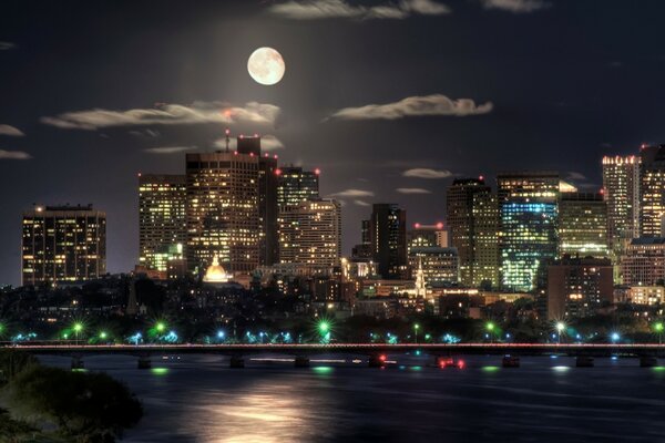 Night landscape on the metropolis, full moon