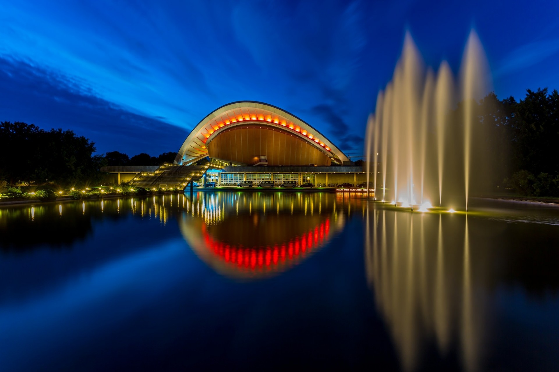 berlin night fountain germany