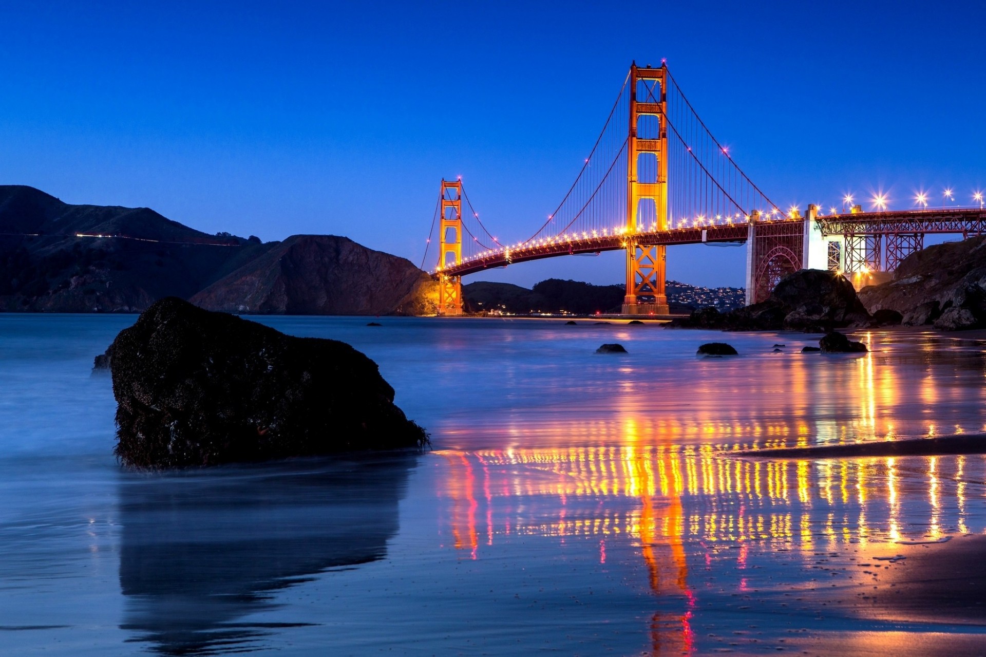 pierres californie san francisco détroit réflexion usa pont ville eau golden gate bridge nuit éclairage golden gate