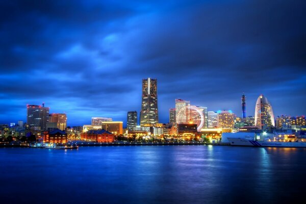 The lights of Tokyo at night in the reflection of the bay