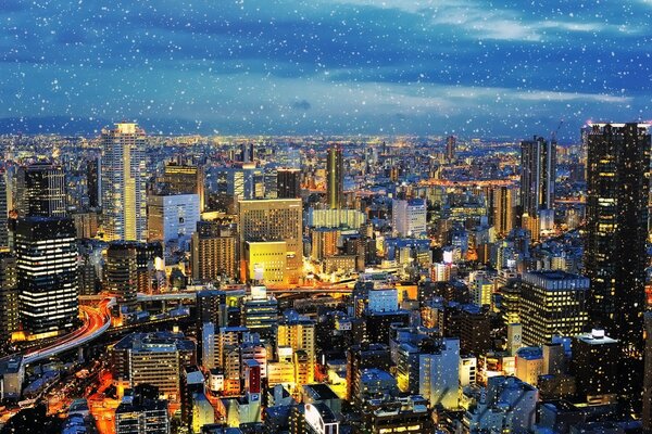 The lights of the night city covered with the first snow