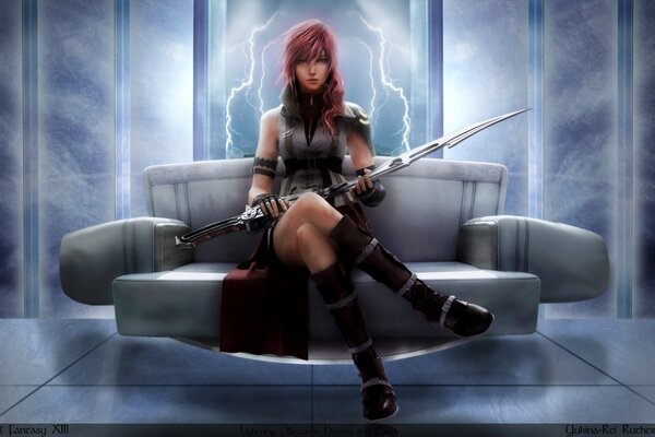 Fantasy girl with a sword on the couch