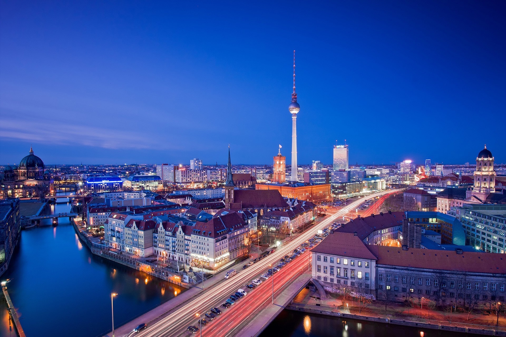 lights river bridge berlin town night road