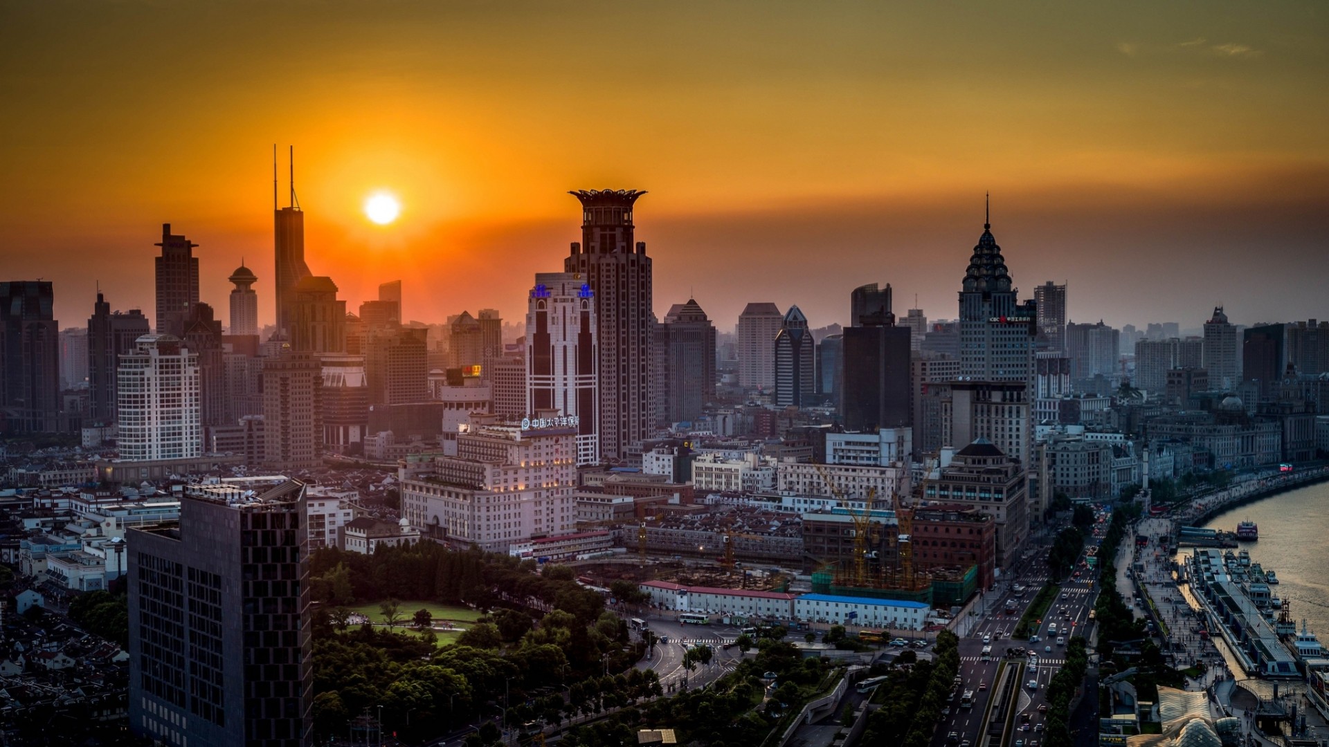 sonnenuntergang china wolkenkratzer shanghai panorama gebäude