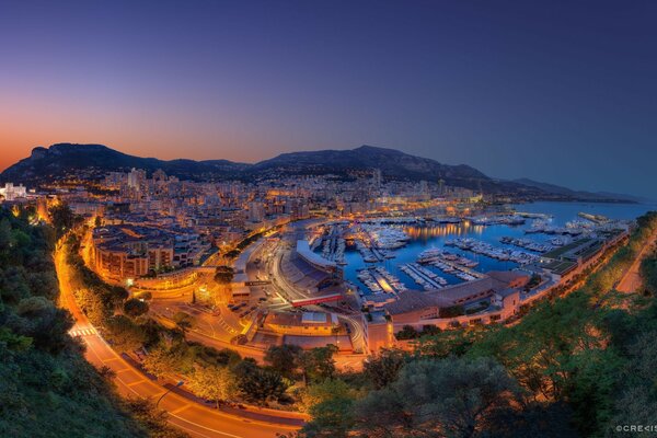 Lights, buildings and streets of Monte Carlo at sunset