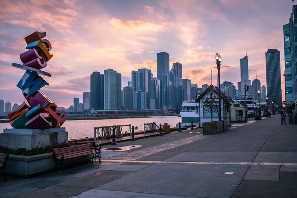 Early morning in Chicago. View from the embankment