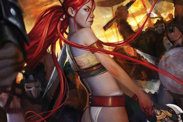 La chica de la espada con el pelo largo rojo