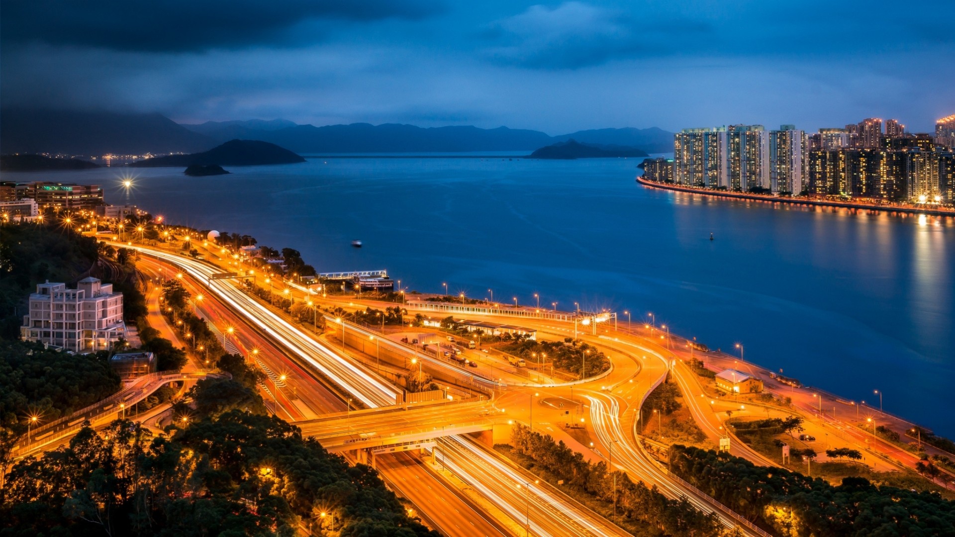 hong kong china harbor night city road