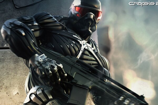 Crysis 2 game a fighter in a nanosuit with a weapon