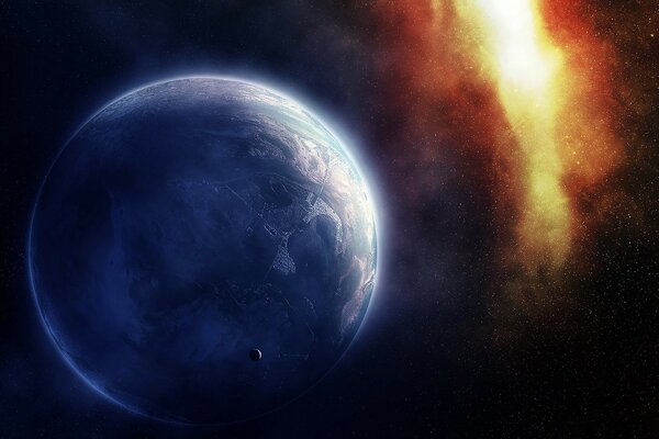 Niebieska planeta na tle wybuchu supernowej