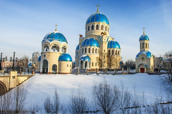 Blue domes of the temple on a winter day