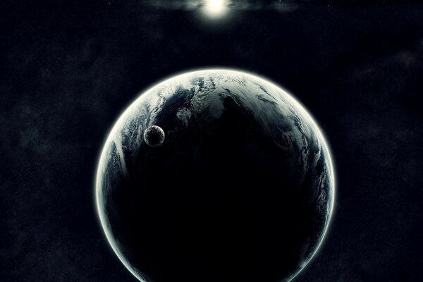 Планета со спутником, освещённая белым светом звёзды на чёрном фоне космоса
