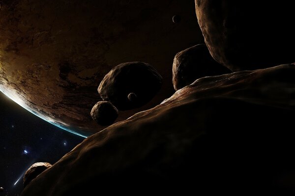Blick auf den Planeten von der Oberfläche eines Asteroiden