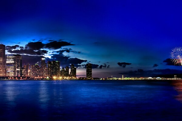 Bright fireworks over the city of Chicago