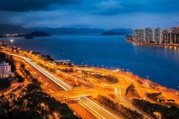 Hong Kong China harbor night city
