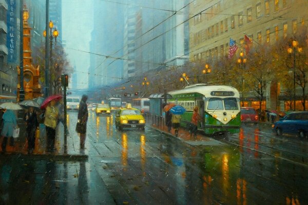 Дождливая погода на улице. Трамвай на проспекте