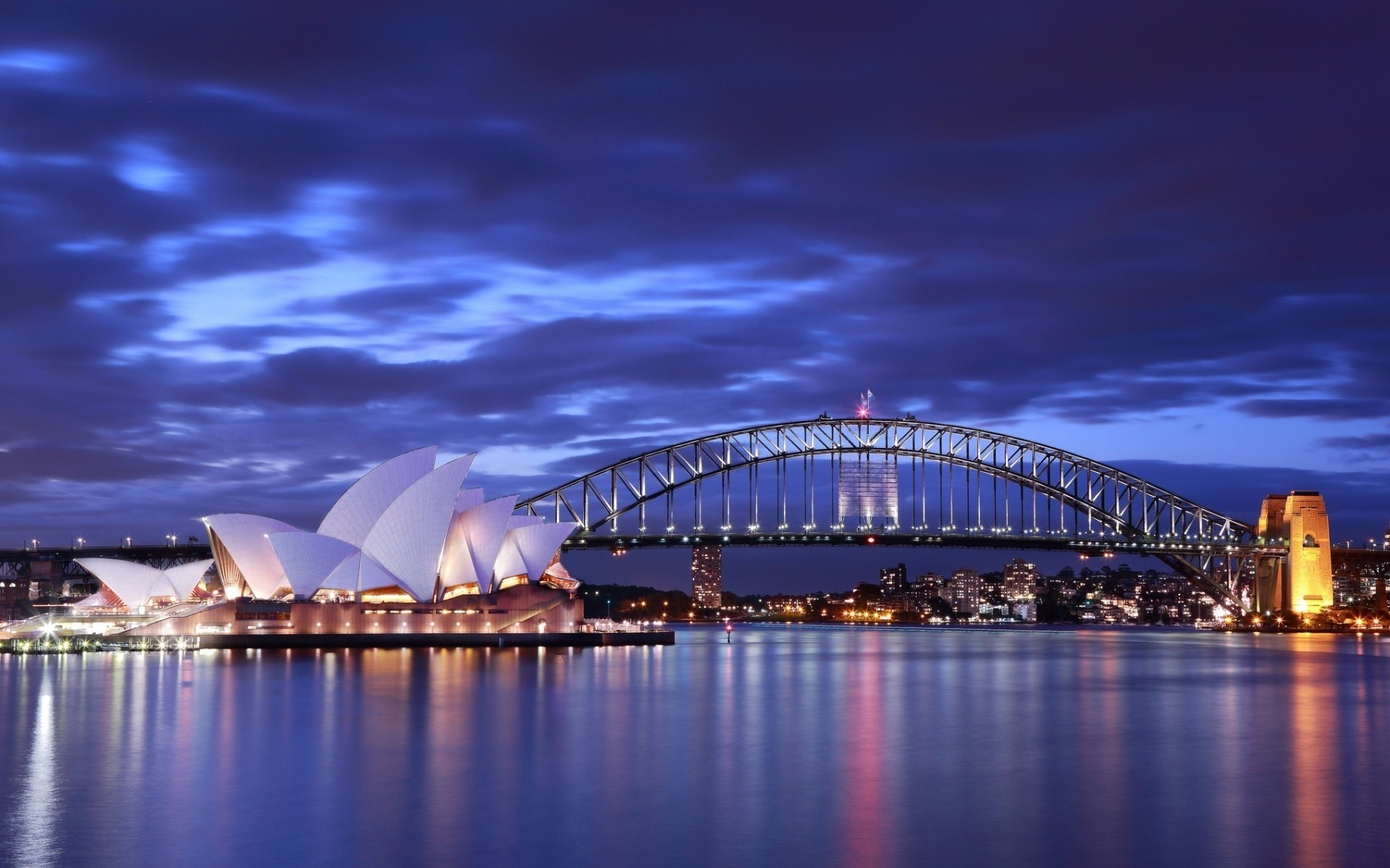 luces nubes cielo puente australia bahía noche azul mar sydney iluminación casa de la ópera