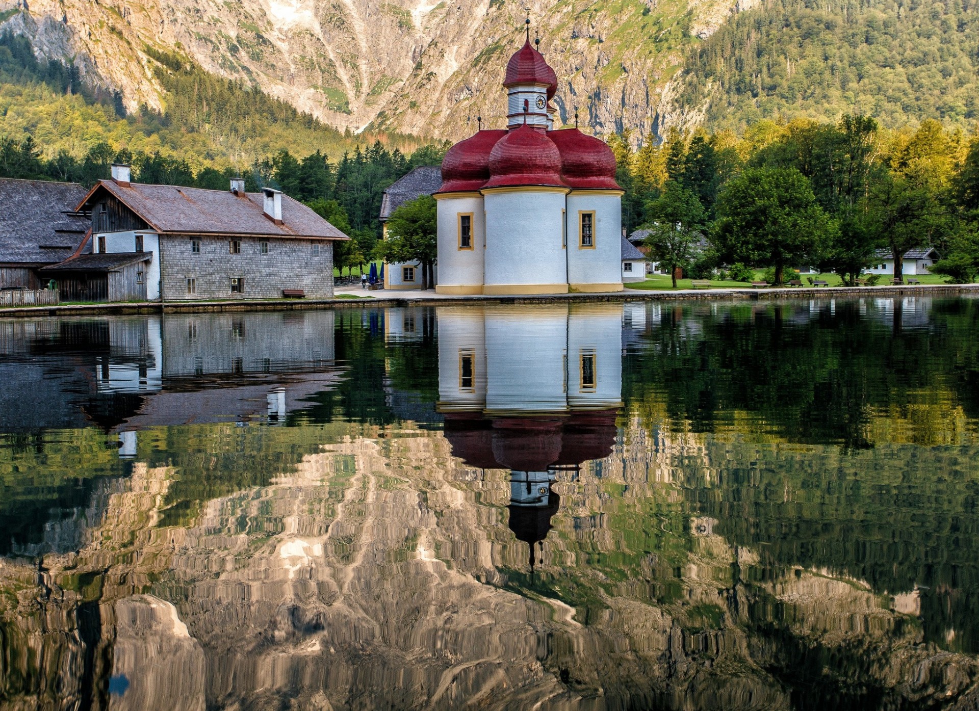 church reflection lake bavaria germany renovation konigssee