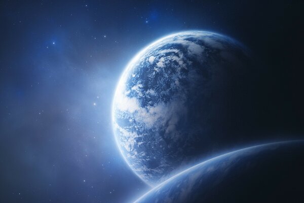 Der Planet und die Sterne im blauen Raum