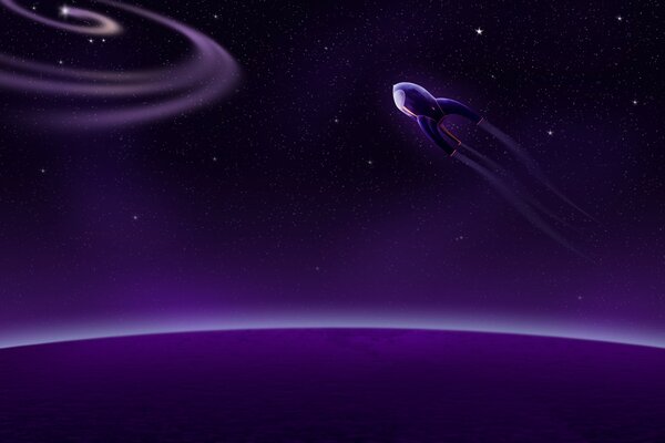 Lśniąca fala, kolor fioletowy, statek w kosmosie, spirale