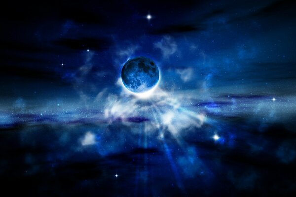 Earth and stars in blue space, radiance