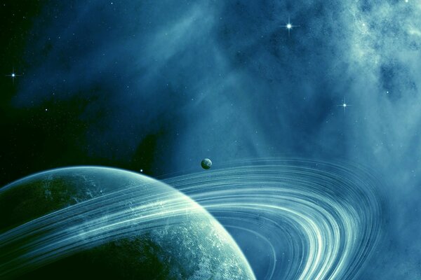 A planet with rings in space with stars