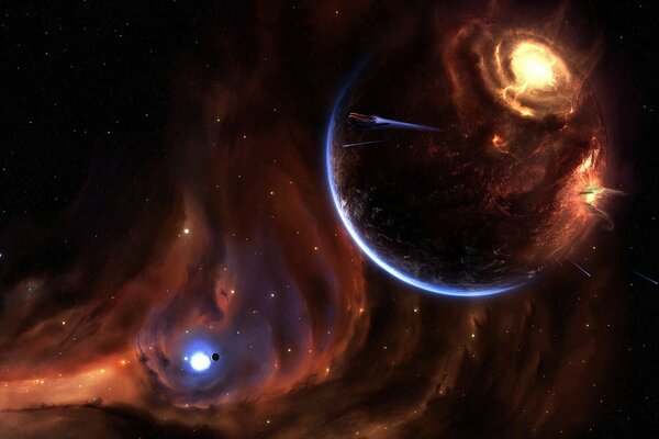 Explosion of a planet in space; stars in space