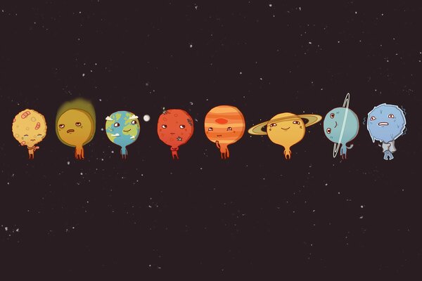 Cartoon über den Weltraum, die Planeten des Sonnensystems, die Planeten in einer Reihe