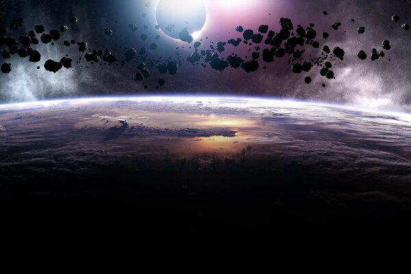 Asteroidi sopra il pianeta contro la luce