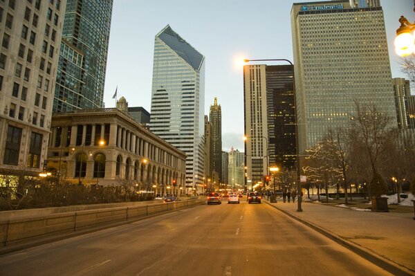 The road between high-rises in Chicago