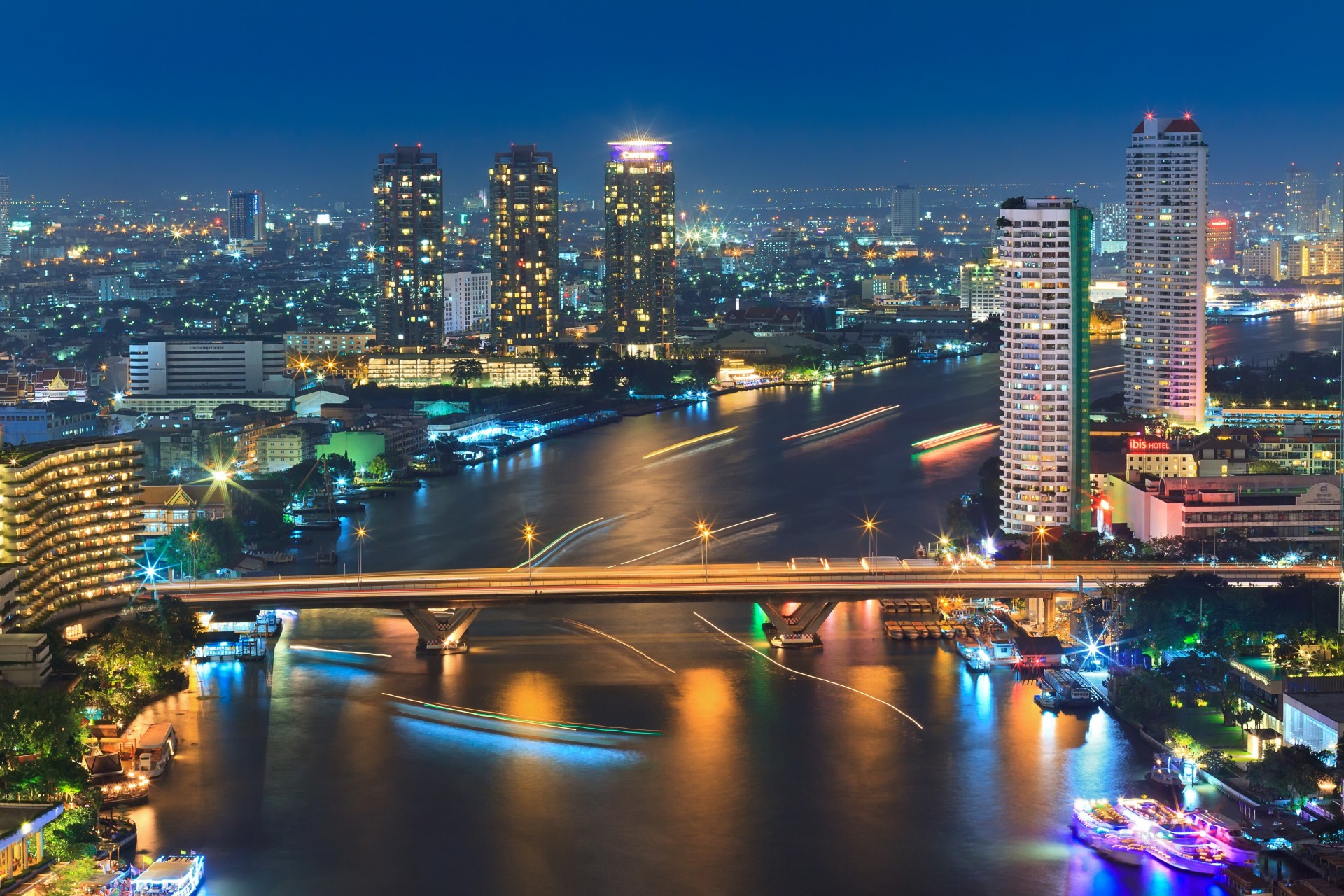 lights night river bridge town thailand bangkok boat