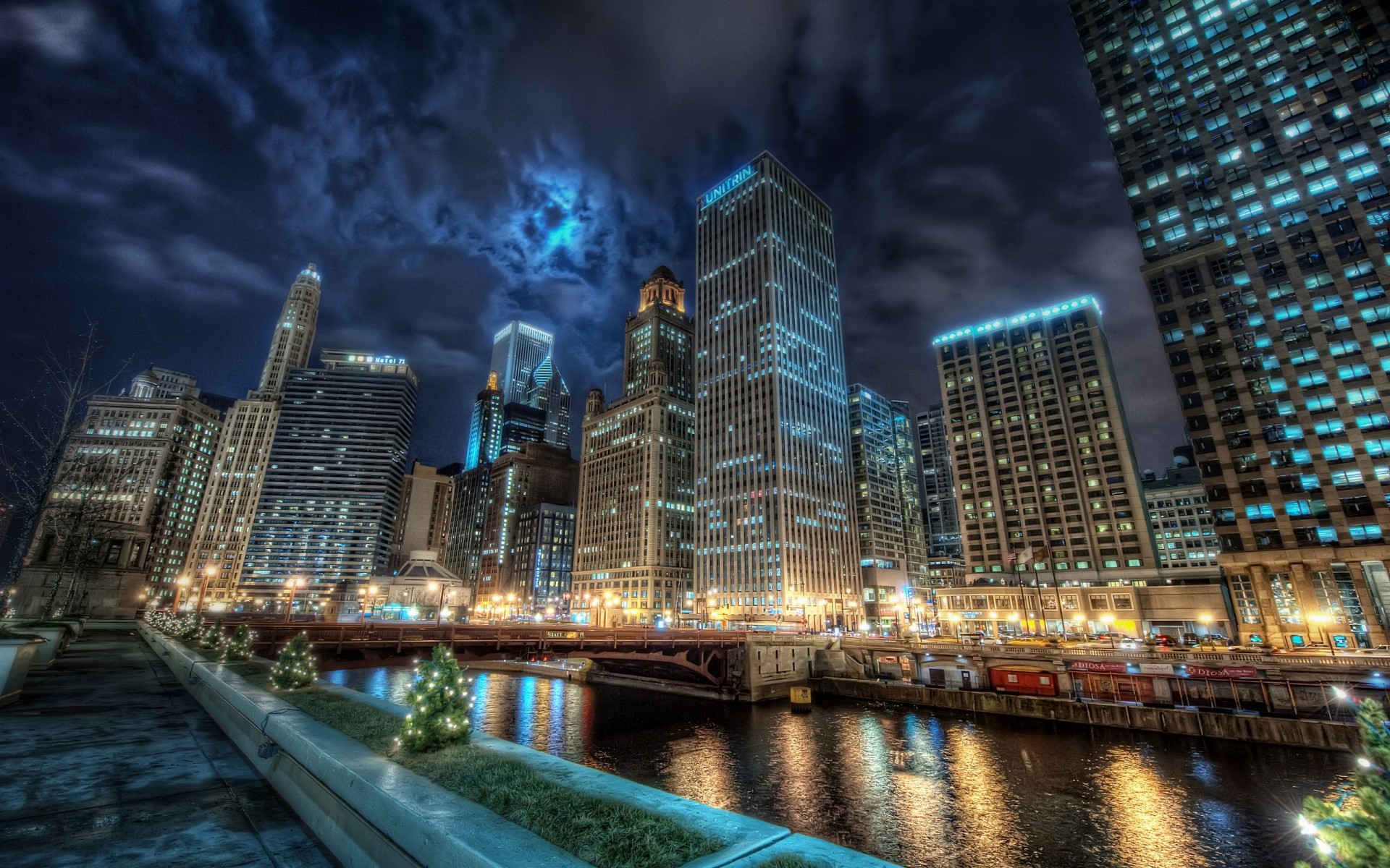 lights chicago night reflection town water channel