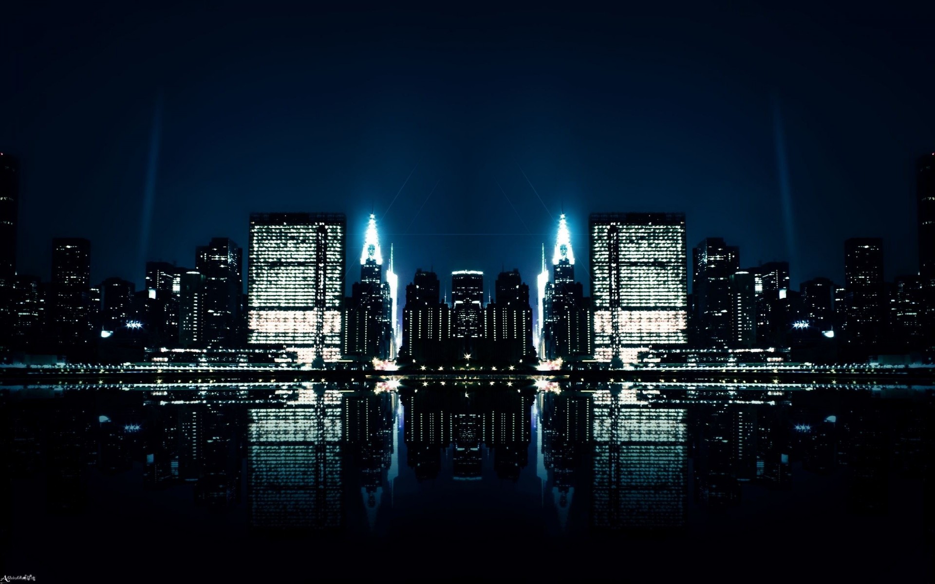 bâtiment nuit arbres réflexion