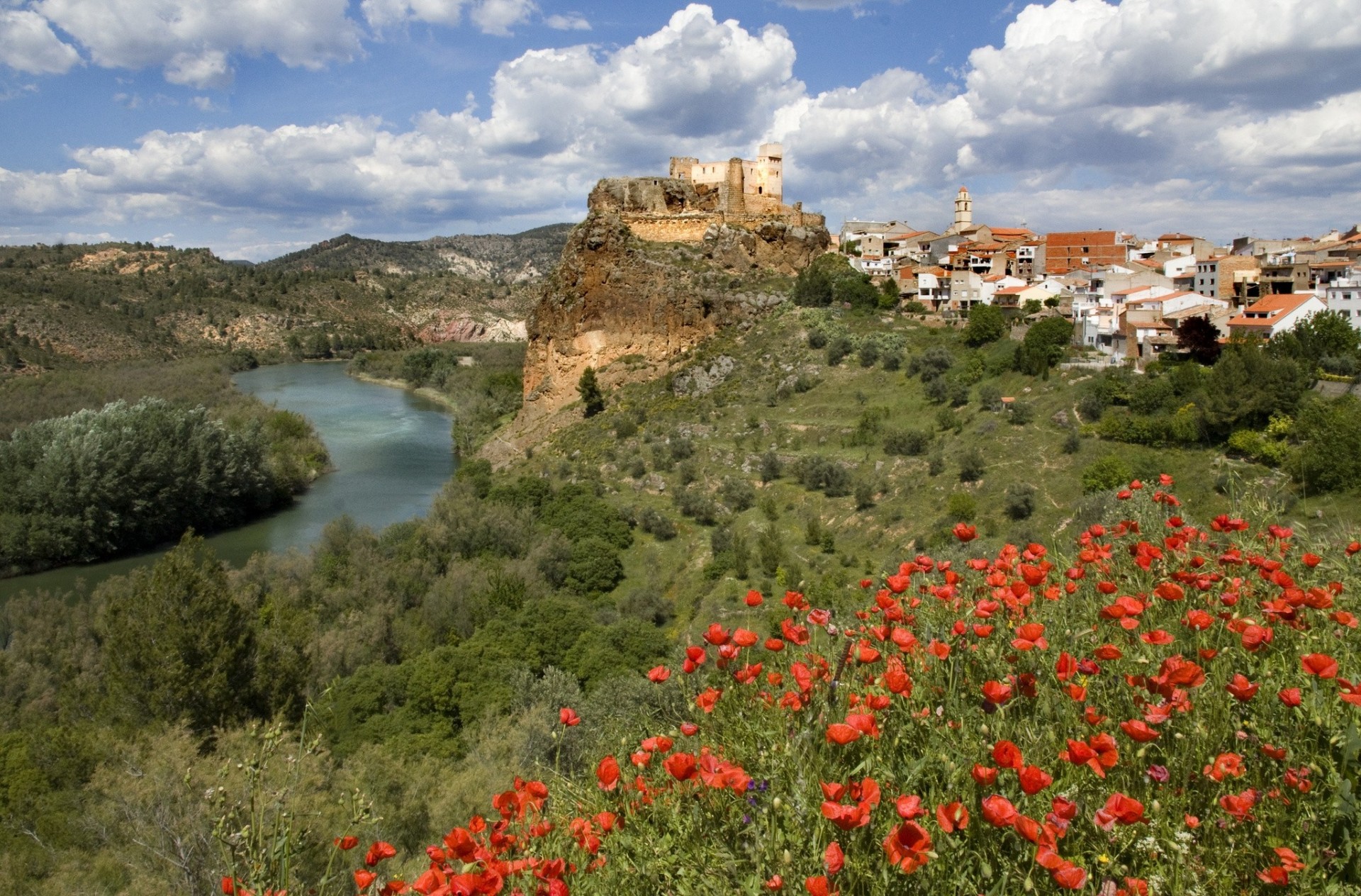 village landscape spain river poppies valencia