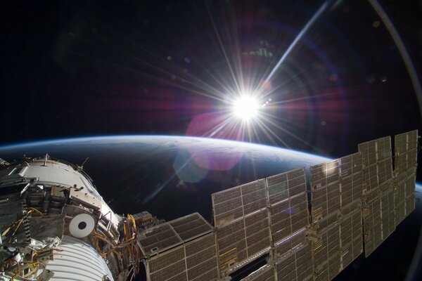 The Earth, the Sun and the ISS in outer space