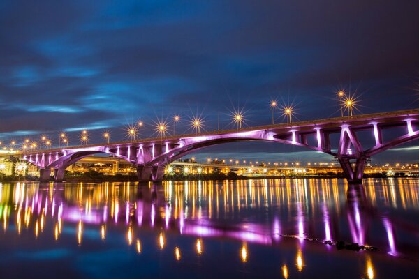 Reflection of the night bridge on the river in China