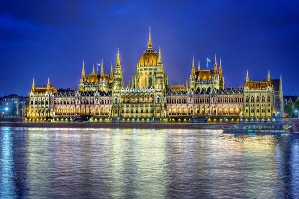 Reflection of Parliament at night in Budapest