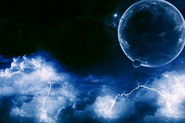 Screensaver planet stars and lightning dark night