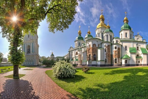 Temple with golden and green domes in Kiev