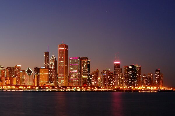 Night Chicago with illuminated lights